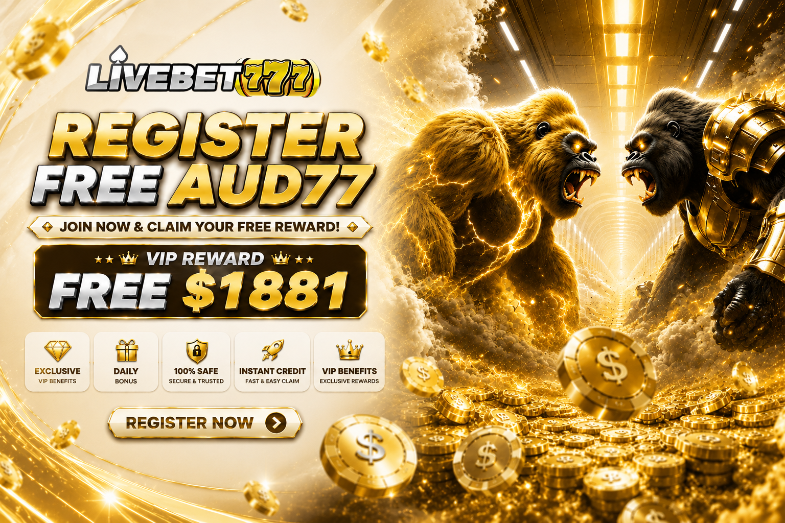 LIVEBET777 register free AUD77 reward with golden gorilla artwork
